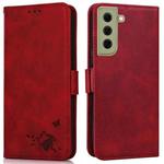 For Samsung Galaxy S21 FE 5G Embossed Cat Butterflies Pattern Horizontal Flip Leather Case with Card Slot & Holder & Wallet(Red)