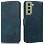 For Samsung Galaxy S21 FE 5G Embossed Cat Butterflies Pattern Horizontal Flip Leather Case with Card Slot & Holder & Wallet(Blue)