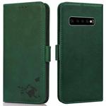 For Samsung Galaxy S10 Embossed Cat Butterflies Pattern Horizontal Flip Leather Case with Card Slot & Holder & Wallet(Green)
