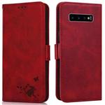 For Samsung Galaxy S10+ Embossed Cat Butterflies Pattern Horizontal Flip Leather Case with Card Slot & Holder & Wallet(Red)