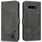 For Samsung Galaxy S10+ Embossed Cat Butterflies Pattern Horizontal Flip Leather Case with Card Slot & Holder & Wallet(Grey)