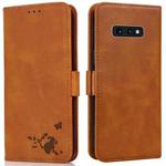 For Samsung Galaxy S10e Embossed Cat Butterflies Pattern Horizontal Flip Leather Case with Card Slot & Holder & Wallet(Orange)