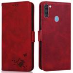 For Samsung Galaxy A11 / M11 Embossed Cat Butterflies Pattern Horizontal Flip Leather Case with Card Slot & Holder & Wallet(Red)