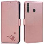 For Samsung Galaxy A21 US Version Embossed Cat Butterflies Pattern Horizontal Flip Leather Case with Card Slot & Holder & Wallet(Pink)