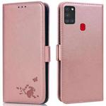 For Samsung Galaxy A21s Embossed Cat Butterflies Pattern Horizontal Flip Leather Case with Card Slot & Holder & Wallet(Pink)
