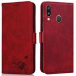 For Samsung Galaxy A40 Embossed Cat Butterflies Pattern Horizontal Flip Leather Case with Card Slot & Holder & Wallet(Red)