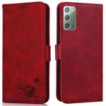 For Samsung Galaxy Note20 5G / 4G Embossed Cat Butterflies Pattern Horizontal Flip Leather Case with Card Slot & Holder & Wallet(Red)