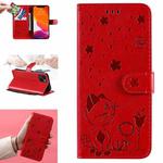 For iPhone 13 Cat Bee Embossing Pattern Shockproof Horizontal Flip Leather Case with Holder & Card Slots & Wallet(Red)