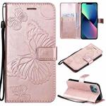 For iPhone 13 mini 3D Butterfly Embossed Pattern Horizontal Flip Leather Case with Holder & Card Slot & Wallet & Lanyard (Rose Gold)