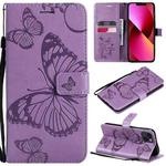 For iPhone 13 3D Butterfly Embossed Pattern Horizontal Flip Leather Case with Holder & Card Slot & Wallet & Lanyard(Purple)