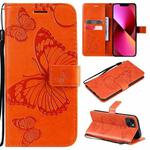 For iPhone 13 3D Butterfly Embossed Pattern Horizontal Flip Leather Case with Holder & Card Slot & Wallet & Lanyard(Orange)