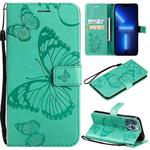 For iPhone 13 Pro 3D Butterfly Embossed Pattern Horizontal Flip Leather Case with Holder & Card Slot & Wallet & Lanyard (Green)