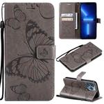 For iPhone 13 Pro 3D Butterfly Embossed Pattern Horizontal Flip Leather Case with Holder & Card Slot & Wallet & Lanyard (Grey)