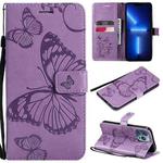 For iPhone 13 Pro Max 3D Butterfly Embossed Pattern Horizontal Flip Leather Case with Holder & Card Slot & Wallet & Lanyard (Purple)