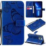 For iPhone 13 Pro Max 3D Butterfly Embossed Pattern Horizontal Flip Leather Case with Holder & Card Slot & Wallet & Lanyard (Blue)