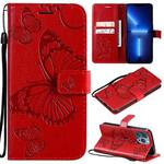 For iPhone 13 Pro Max 3D Butterfly Embossed Pattern Horizontal Flip Leather Case with Holder & Card Slot & Wallet & Lanyard (Red)