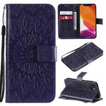 For iPhone 13 Pressed Printing Sunflower Pattern Horizontal Flip PU Leather Case Holder & Card Slots & Wallet & Lanyard(Purple)