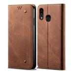 For Galaxy A20 / A30 Denim Texture Casual Style Horizontal Flip Leather Case with Holder & Card Slots & Wallet(Brown)