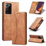 For Samsung Galaxy Note20 Ultra Skin-feel Calfskin Texture Magnetic Dual-Fold Horizontal Flip Leather Case with Holder & Card Slots & Wallet(Brown)