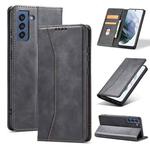 For Samsung Galaxy S21 FE 5G Skin-feel Calfskin Texture Magnetic Dual-Fold Horizontal Flip Leather Case with Holder & Card Slots & Wallet(Black)