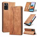 For Xiaomi Redmi Note 10 4G Skin-feel Calfskin Texture Magnetic Dual-Fold Horizontal Flip Leather Case with Holder & Card Slots & Wallet(Brown)