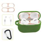 For AirPods Pro Silicone Wireless Earphone Protective Case Storage Box with Hook & Anti-drop Rope(Green+Blush Gold Inner Sticker)