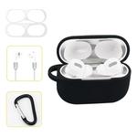 For AirPods Pro Silicone Wireless Earphone Protective Case Storage Box with Hook & Anti-drop Rope(Black+Silver Inner Sticker)