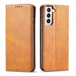 For Samsung Galaxy S21 FE Calf Texture Magnetic Horizontal Flip Leather Case with Holder & Card Slots & Wallet(Khaki)