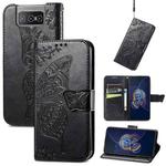 For Asus Zenfone 8 Flip Butterfly Love Flower Embossed Horizontal Flip Leather Case with Holder & Card Slots & Wallet & Lanyard(Black)