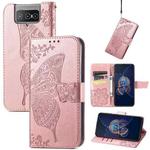 For Asus Zenfone 8 Flip Butterfly Love Flower Embossed Horizontal Flip Leather Case with Holder & Card Slots & Wallet & Lanyard(Rose Gold)