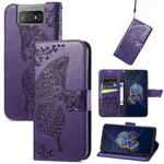 For Asus Zenfone 8 Flip Butterfly Love Flower Embossed Horizontal Flip Leather Case with Holder & Card Slots & Wallet & Lanyard(Dark Purple)