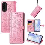 For Huawei nova 8 SE Youth Lovely Cat and Dog Embossing Pattern Horizontal Flip Leather Case , with Holder & Card Slots & Wallet & Cartoon Clasp & Lanyard(Pink)