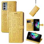For Motorola Moto Edge 20 Lovely Cat and Dog Embossing Pattern Horizontal Flip Leather Case , with Holder & Card Slots & Wallet & Cartoon Clasp & Lanyard(Yellow)