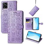 For vivo S7 Lovely Cat and Dog Embossing Pattern Horizontal Flip Leather Case , with Holder & Card Slots & Wallet & Cartoon Clasp & Lanyard(Purple)