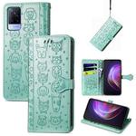 For vivo V21 Lovely Cat and Dog Embossing Pattern Horizontal Flip Leather Case , with Holder & Card Slots & Wallet & Cartoon Clasp & Lanyard(Green)