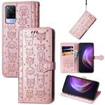 For vivo V21 Lovely Cat and Dog Embossing Pattern Horizontal Flip Leather Case , with Holder & Card Slots & Wallet & Cartoon Clasp & Lanyard(Rose Gold)