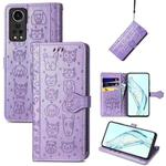 For ZTE Axon 30 5G Lovely Cat and Dog Embossing Pattern Horizontal Flip Leather Case , with Holder & Card Slots & Wallet & Cartoon Clasp & Lanyard(Purple)
