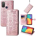 For Alcatel 1S 2021 Lovely Cat and Dog Embossing Pattern Horizontal Flip Leather Case , with Holder & Card Slots & Wallet & Cartoon Clasp & Lanyard(Rose Gold)