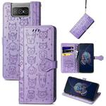 For Asus Zenfone 8 Flip Lovely Cat and Dog Embossing Pattern Horizontal Flip Leather Case , with Holder & Card Slots & Wallet & Cartoon Clasp & Lanyard(Purple)