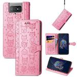 For Asus Zenfone 8 Flip Lovely Cat and Dog Embossing Pattern Horizontal Flip Leather Case , with Holder & Card Slots & Wallet & Cartoon Clasp & Lanyard(Pink)