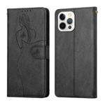 For iPhone 12 / 12 Pro Beauty Girl Embossing Pattern Horizontal Flip Leather Case with Holder & Card Slot & Wallet & Photo Frame(Black)