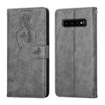 For Samsung Galaxy S10+ Beauty Girl Embossing Pattern Horizontal Flip Leather Case with Holder & Card Slot & Wallet & Photo Frame(Grey)