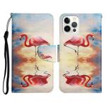 For iPhone 12 / 12 Pro Painted Pattern Horizontal Flip Leather Case with Holder & Card Slot & Wallet(Flamingo)