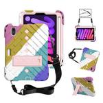 For iPad mini 6 Shockproof Rhombus Robot PC + Silicone Protective Tablet Case with Holder & Shoulder Strap(Colorful Rose Gold)