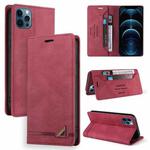 For iPhone 12 Pro Max Skin Feel Anti-theft Brush Horizontal Flip Leather Case with Holder & Card Slots & Wallet(Wine Red)