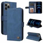 For iPhone 12 / 12 Pro Skin Feel Life Tree Metal Button Horizontal Flip Leather Case with Holder & Card Slot & Wallet & Photo Frame & Strap(Blue)