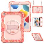 For iPad 10.2 2021 / 2020 / 2019 Shockproof Silicone + PC Protective Case with Holder & Shoulder Strap & Pen Slot(Pink Camouflage)