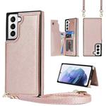 For Samsung Galaxy S21 5G Cross-body Square Double Buckle Flip Card Bag TPU+PU Case with Card Slots & Wallet & Photo & Strap(Rose Gold)