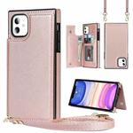For iPhone 11 Cross-body Square Double Buckle Flip Card Bag TPU+PU Case with Card Slots & Wallet & Photo & Strap (Rose Gold)
