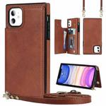 For iPhone 11 Cross-body Square Double Buckle Flip Card Bag TPU+PU Case with Card Slots & Wallet & Photo & Strap (Brown)